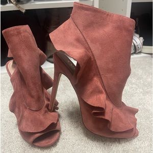 Mauve Ruffle Peep-Toe Heeled Booties